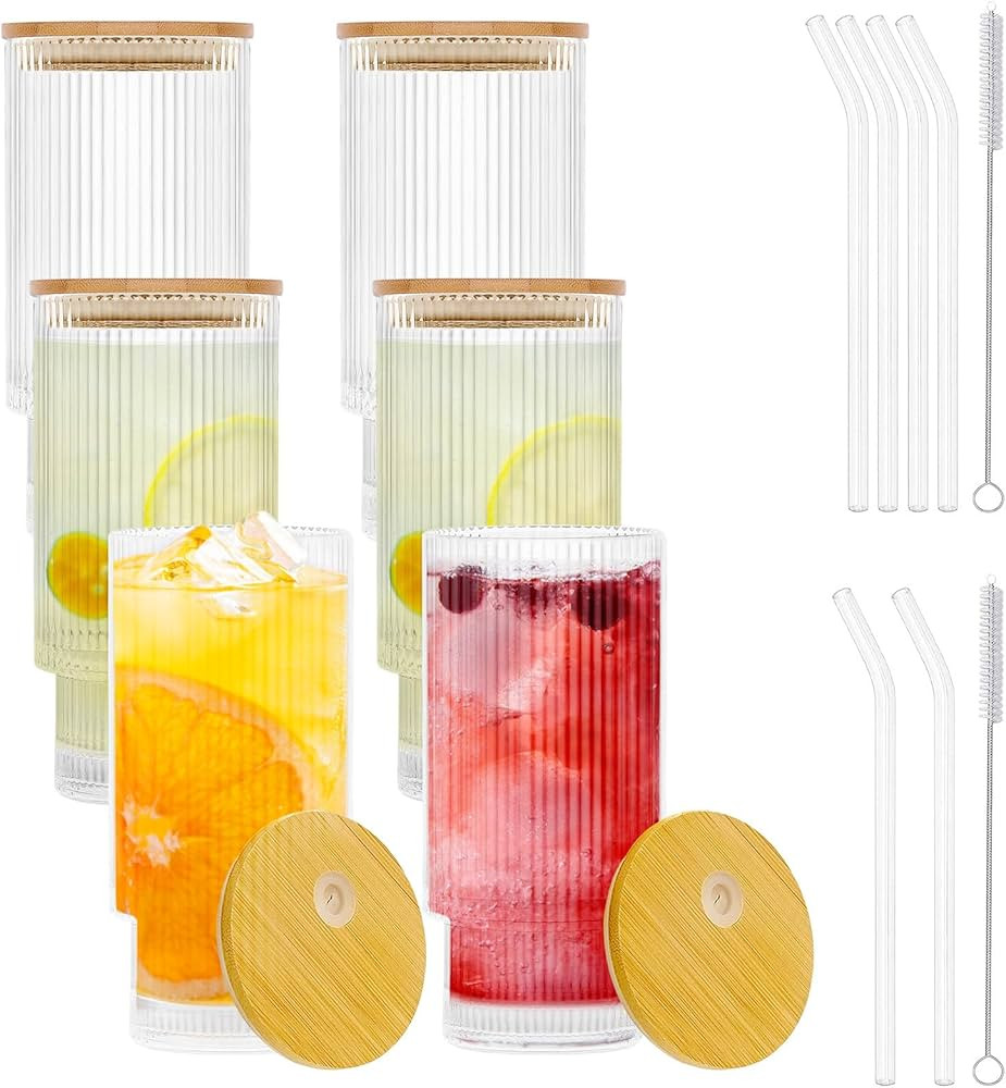 Dmyangs 6 Pcs Set 16oz Ribbed Drinking Glasses, Glass Cups with Lids and Straws, Stackable Glasse... | Amazon (US)