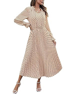 PRETTYGARDEN Women's 2024 Fall Midi Dress Casual Long Sleeve V Neck Swiss Dot Pleated A Line Flow... | Amazon (US)