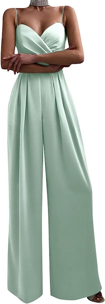 Celmia Women's Satin Sleeveless Jumpsuit High Waist Long Wide Leg Pants Pleated Stretchy Tube Top Pa | Amazon (US)