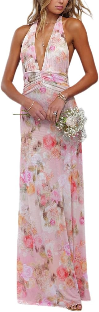 Womens Halter Floral Maxi Dress Deep V Neck Backless Bodycon Long Dresses Y2k Formal Cocktail Goi... | Amazon (US)