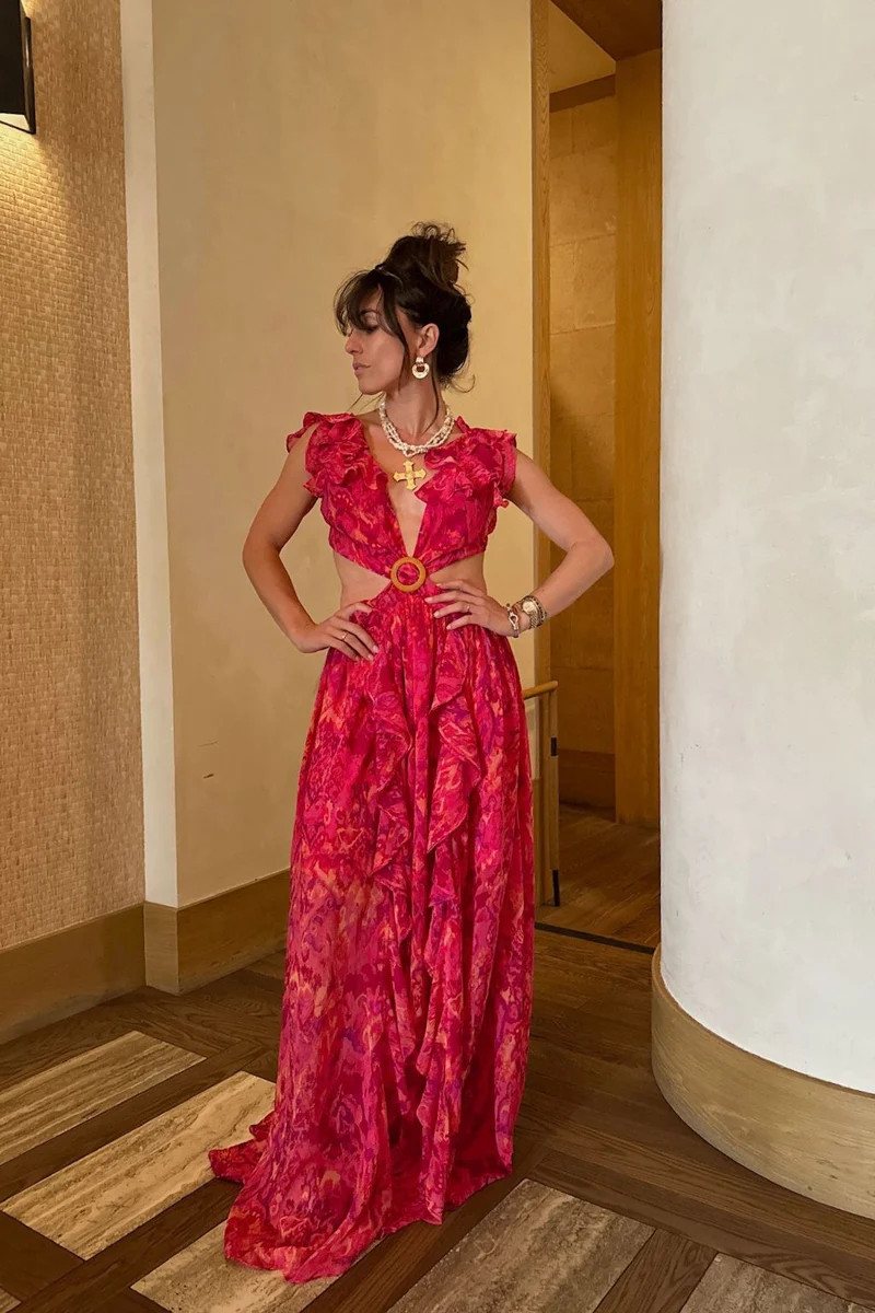 Jolie Pink Printed Ruffle Maxi Dress | 12th Tribe