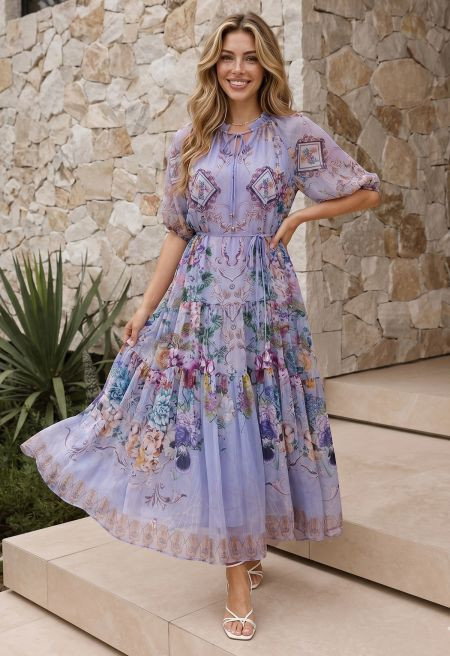 Bohemian Dreamy Floral Tie-Neck Chiffon Maxi Dress in Lilac for City Sightseeing & Casual Day Tri... | Chicwish