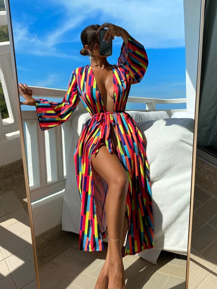 Geo Print Belted Kimono | SHEIN