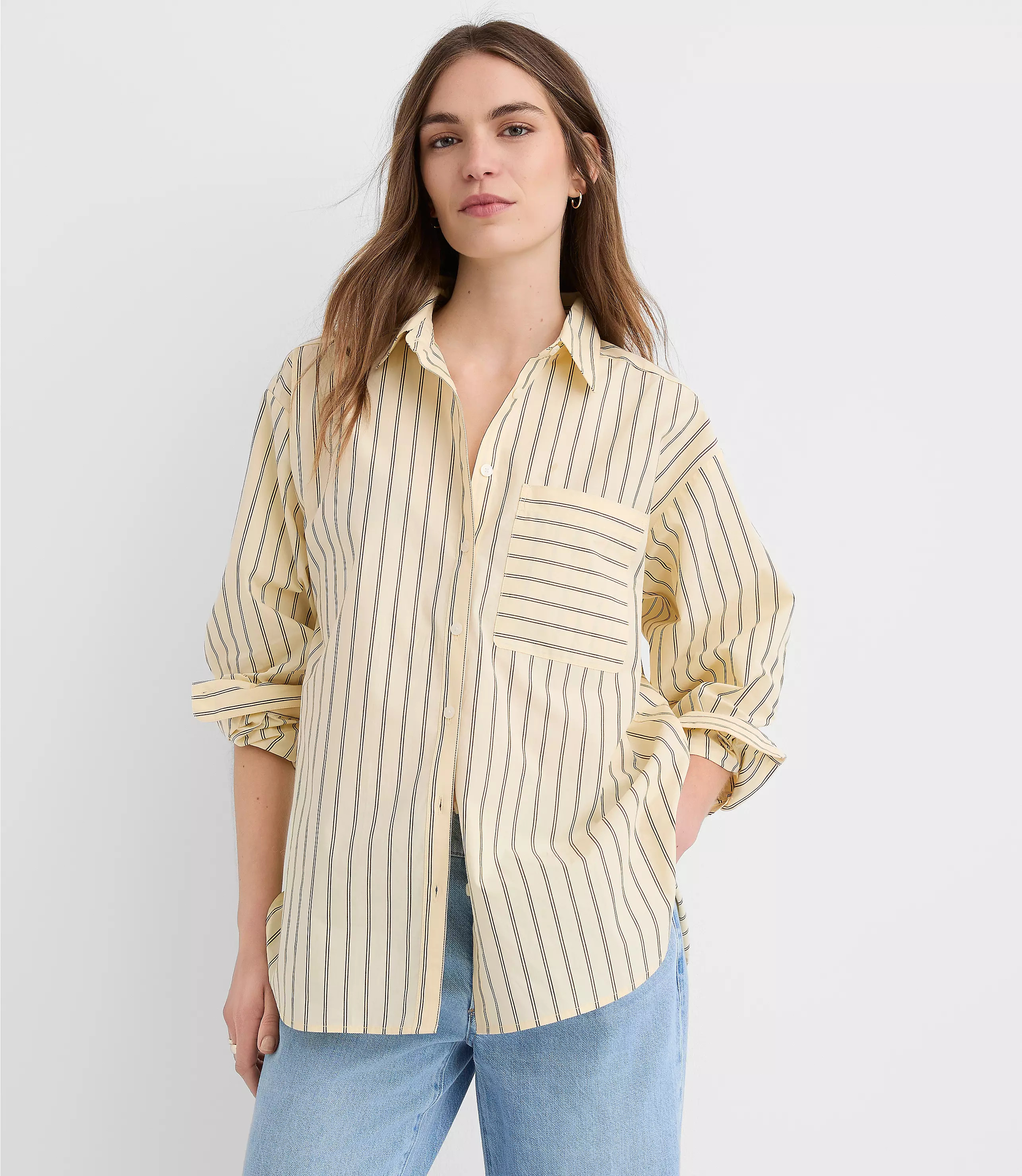 Petite Striped Poplin Everyday Oversized Pocket Shirt | LOFT