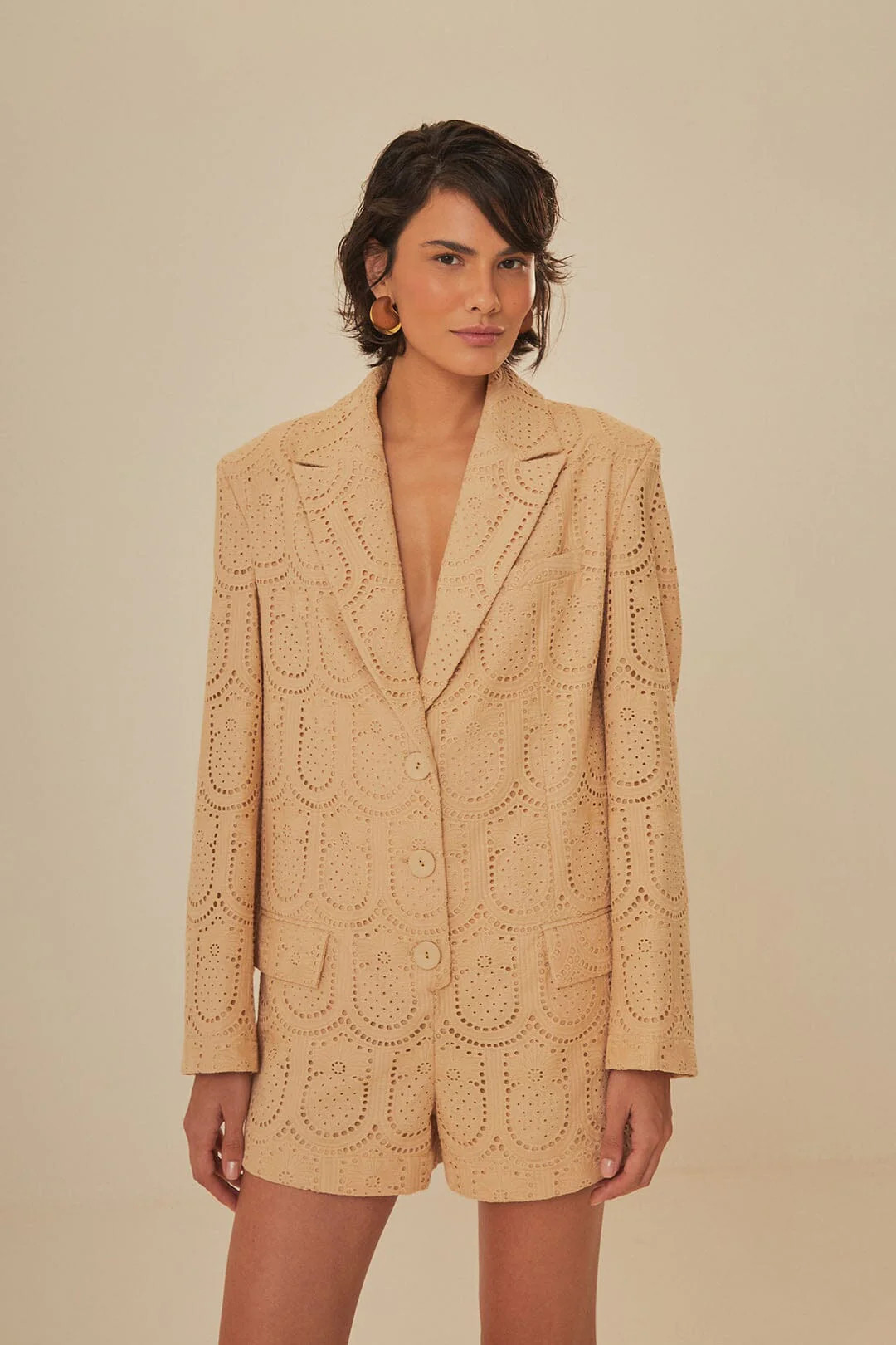 Sand Cotton Eyelet Tailored Romper | FarmRio (US)