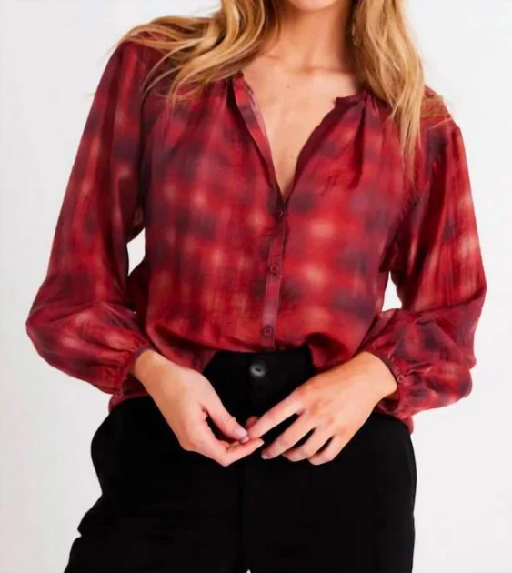 Shirred Neck Blouse In Blurred Plaid Print | Shop Simon