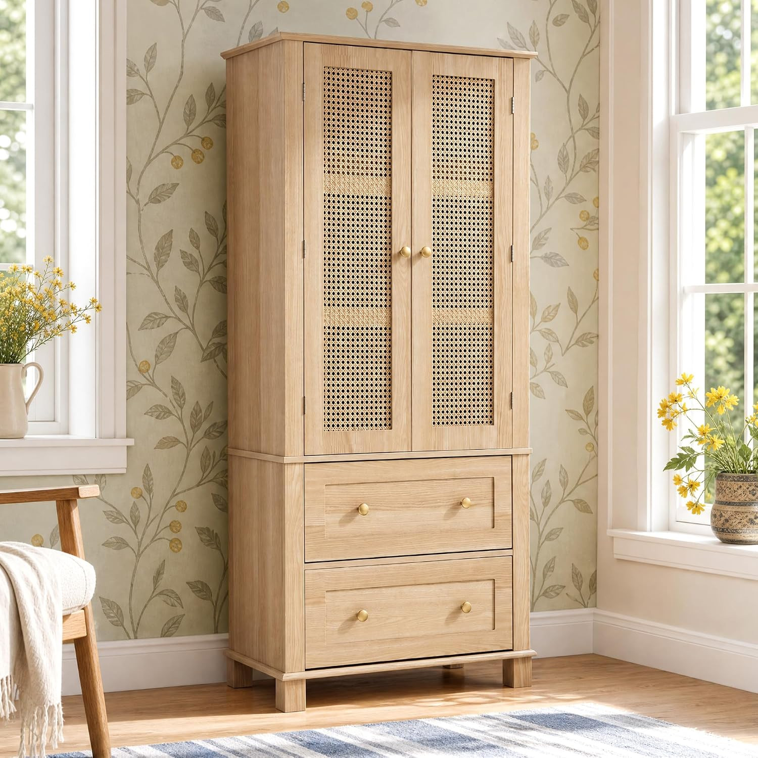 64" Tall Rattan Floor Storage Cabinet with Adjustable Shelves, Light Brown | Amazon (US)