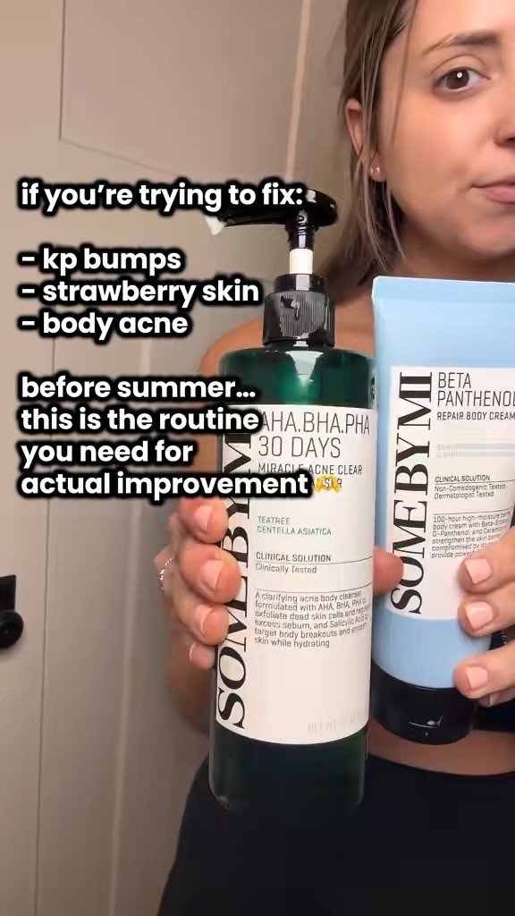 If you deal with body acne, strawberry skin, or KP, this combo is worth trying 🍓 The Some By Mi AHA BHA PHA body cleanser and lotion gently exfoliate and help improve the appearance of rough bumps while leaving skin feeling smoother and hydrated. I love using the cleanser in the shower and following with the lotion for that soft, clearer-looking skin.

⸻



#somebymi
#tiktokmademebuyit
#bodycaremusthave
#smoothskin
#ltkbeauty

#LTKgrwm #LTKselfcare #LTKBeauty