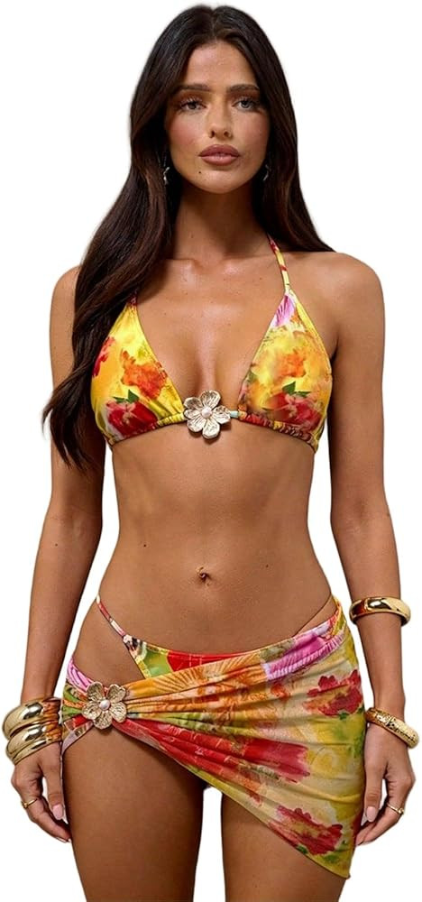 QJQ Women's 3 Pieces Floral Print Bikini Set Halter Triangle Boho Bathing Suits with Textured Cov... | Amazon (US)