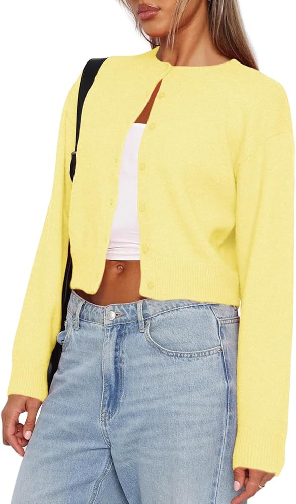 Balimtoy Women's Cropped Cardigan Sweaters Long Sleeve Button Down Sweaters Knit Cardigan Cute Y2... | Amazon (US)