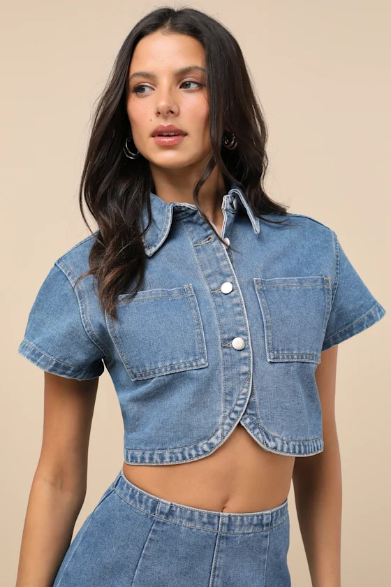 Nerea Medium Wash Denim Button-Front Crop Top | Lulus