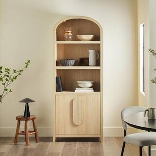 Arched 76 in. Tall Coastal Oak Wood 4-Shelf Bookcase with Closed Storage and Statement Pulls | The Home Depot
