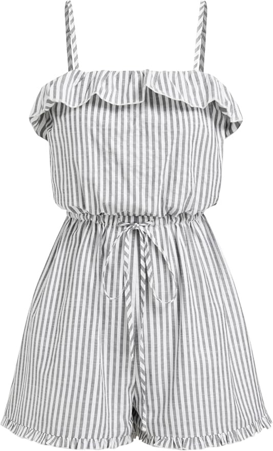 CIDER Womens Casual Rompers Sleeveless Ruffle Drawstring Striped Overall Shorts | Amazon (US)