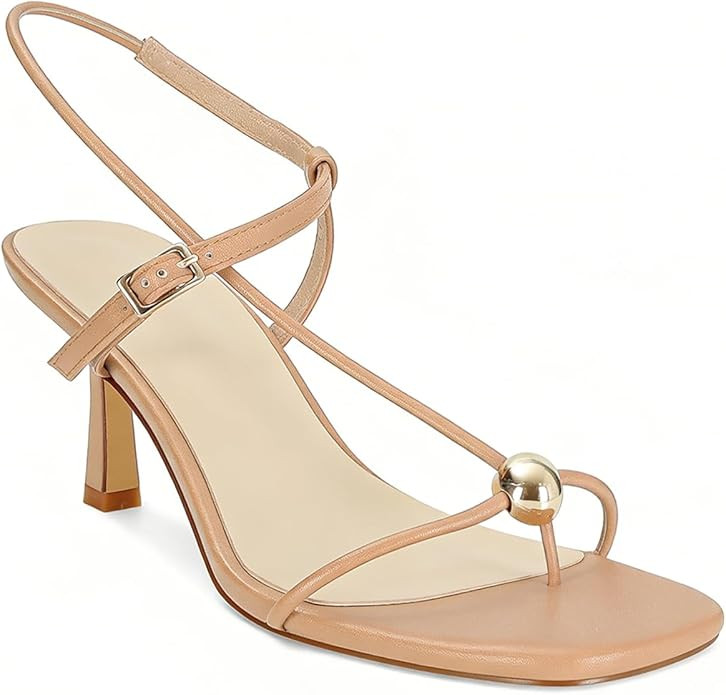 Strappy Heels for Women Square Toe Slingback Mid-Heel Sandals Dressy Beach Thong Flip Flop Slides... | Amazon (US)