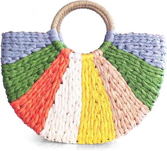 QTKJ Simple Retro Semi-circle Rattan Straw Bag Hand-Woven Round Women Straw Paper Handbag Summer ... | Amazon (US)