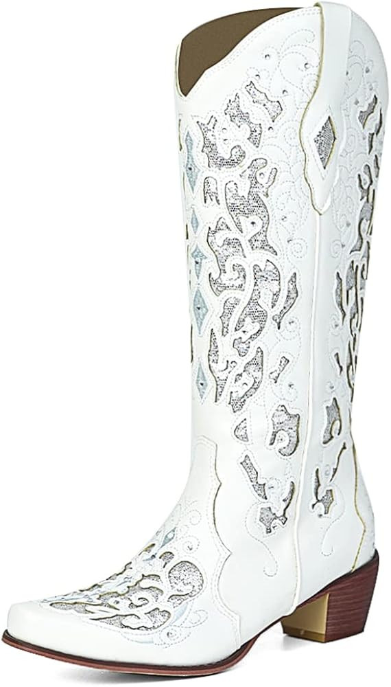 Tscoyuki Women's Rhinestones Western Knee High Boots, Embroidery Pointed Toe Chunky Block Heel Cowbo | Amazon (US)