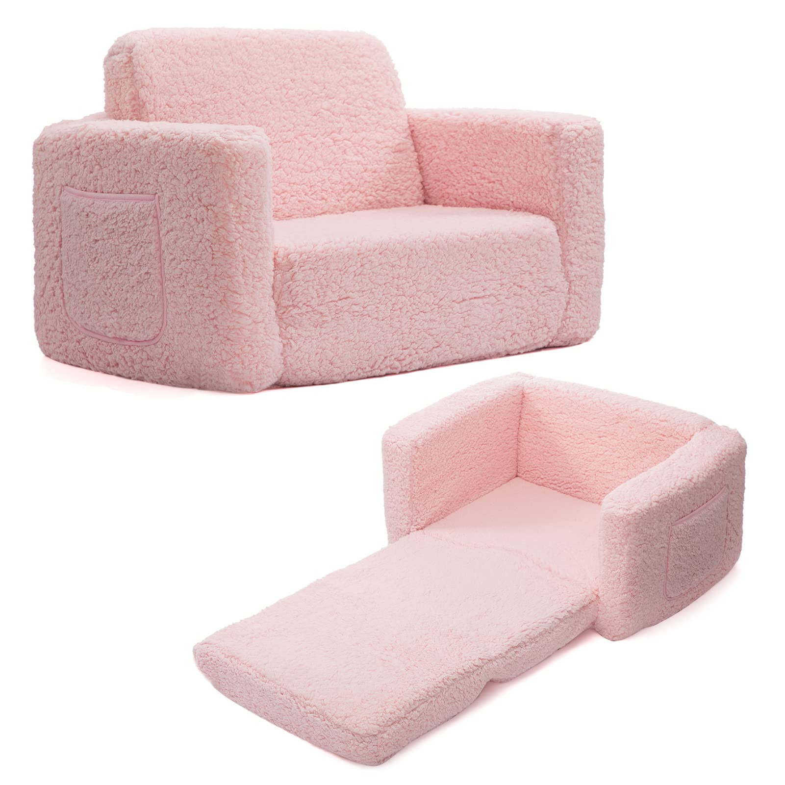 ALIMORDEN 2-in-1 Flip Out Cuddly Sherpa Toddler Couch Convertible Sofa to Lounger, Pink | Amazon (US)