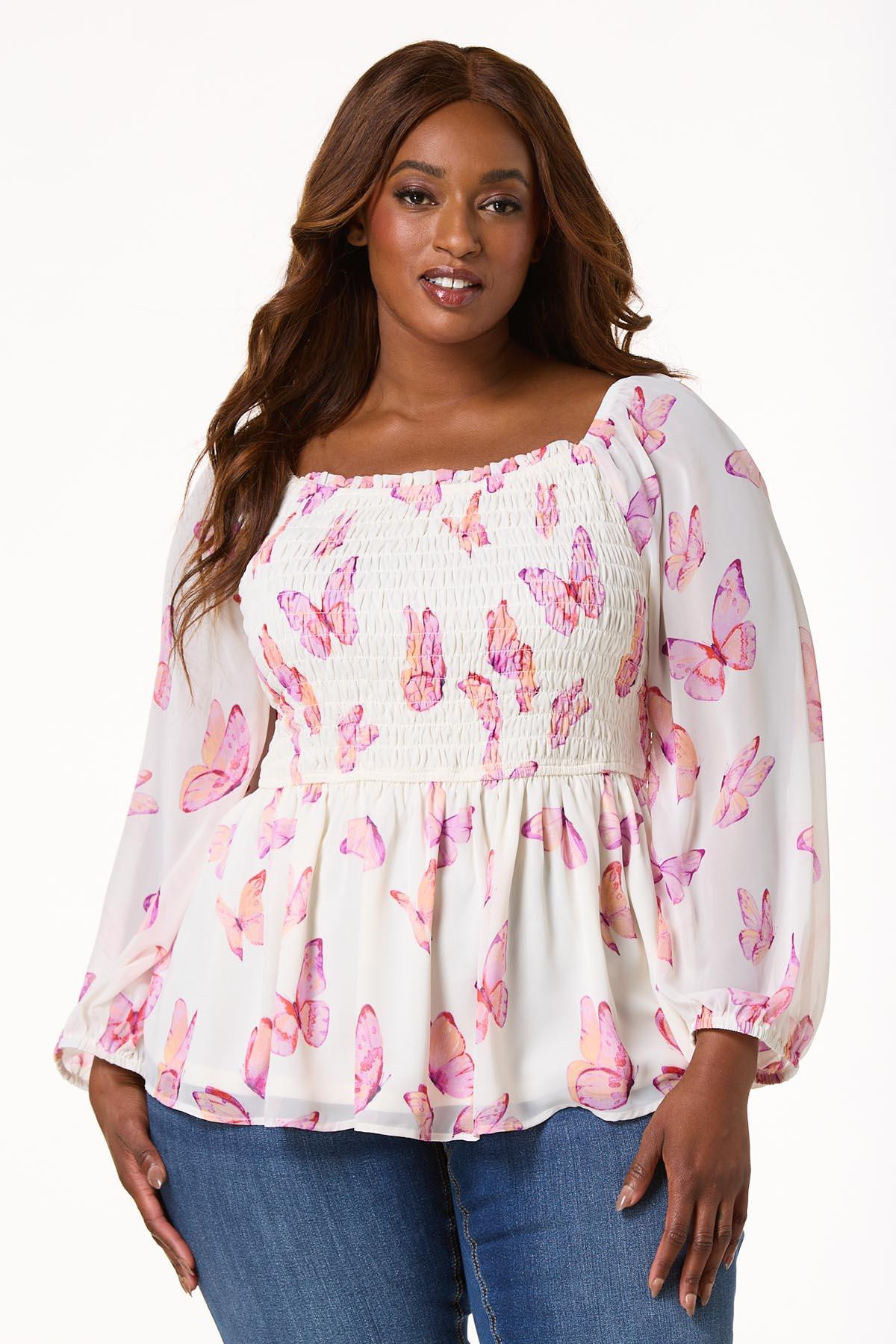 Plus Size Butterfly Print Peplum Top | Cato Fashions