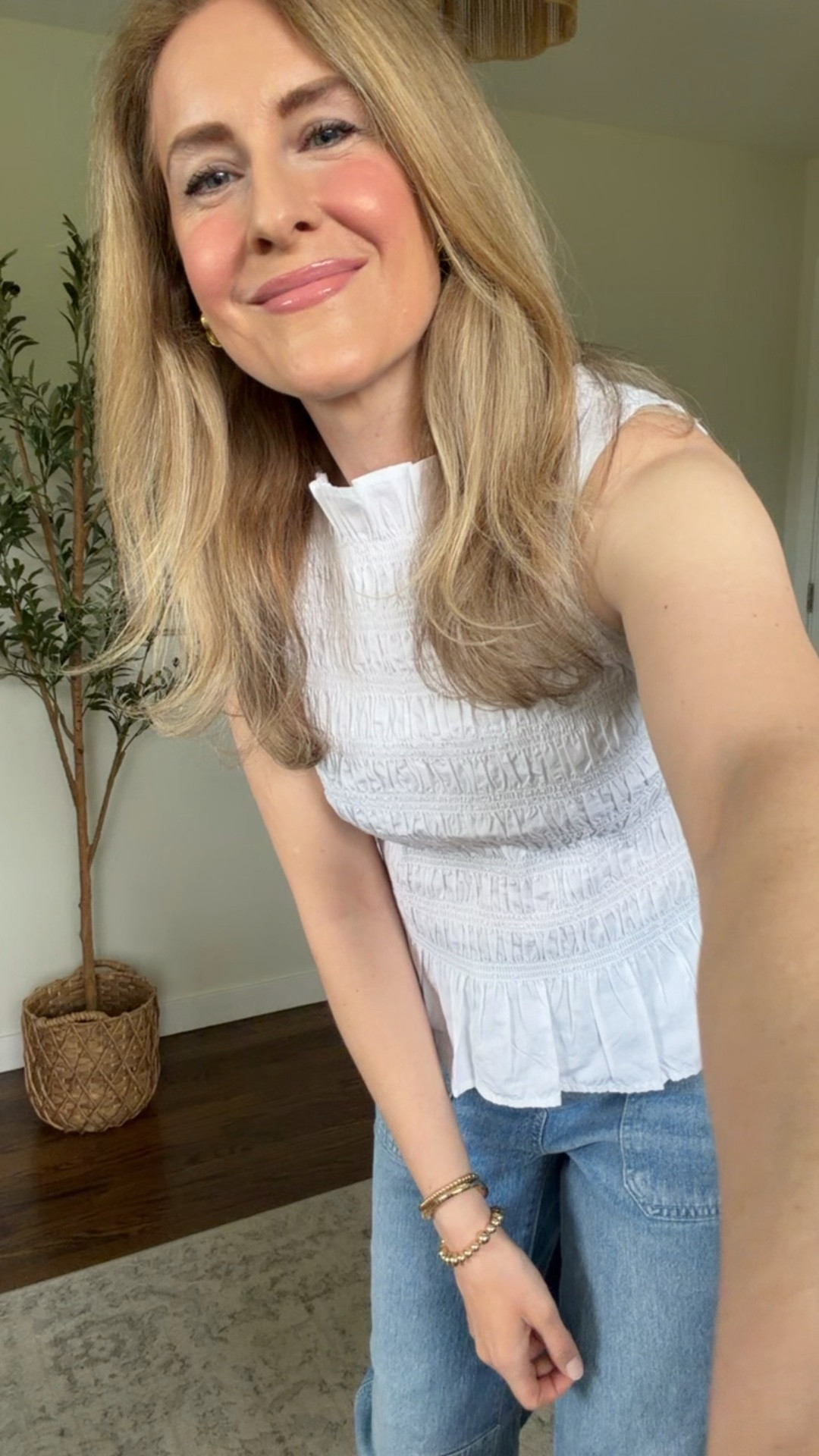Walmart polished casual outfit idea with this smocked top and barrel jeans. I went up a size to a medium in the top, which also comes in red. #walmartfashion

#LTKOver40