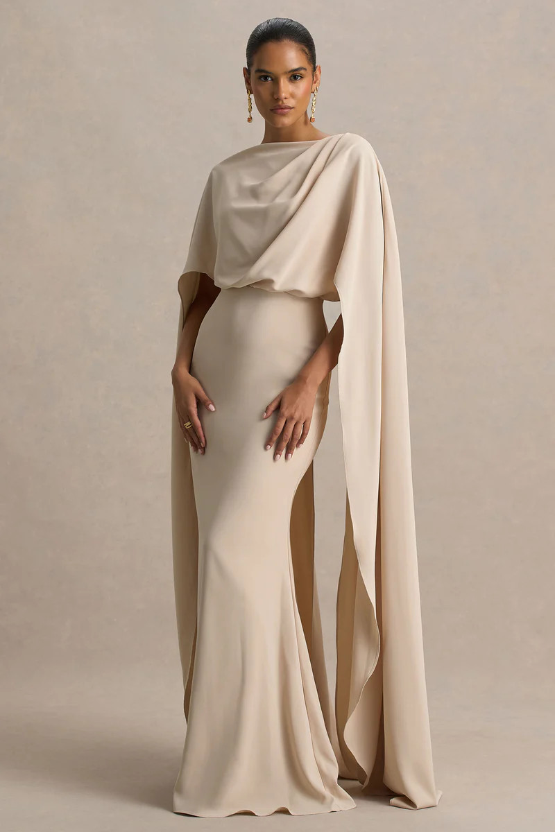 Pristina | Sand Boat-Neck Woven Maxi Dress With Cape Detail | Club L London