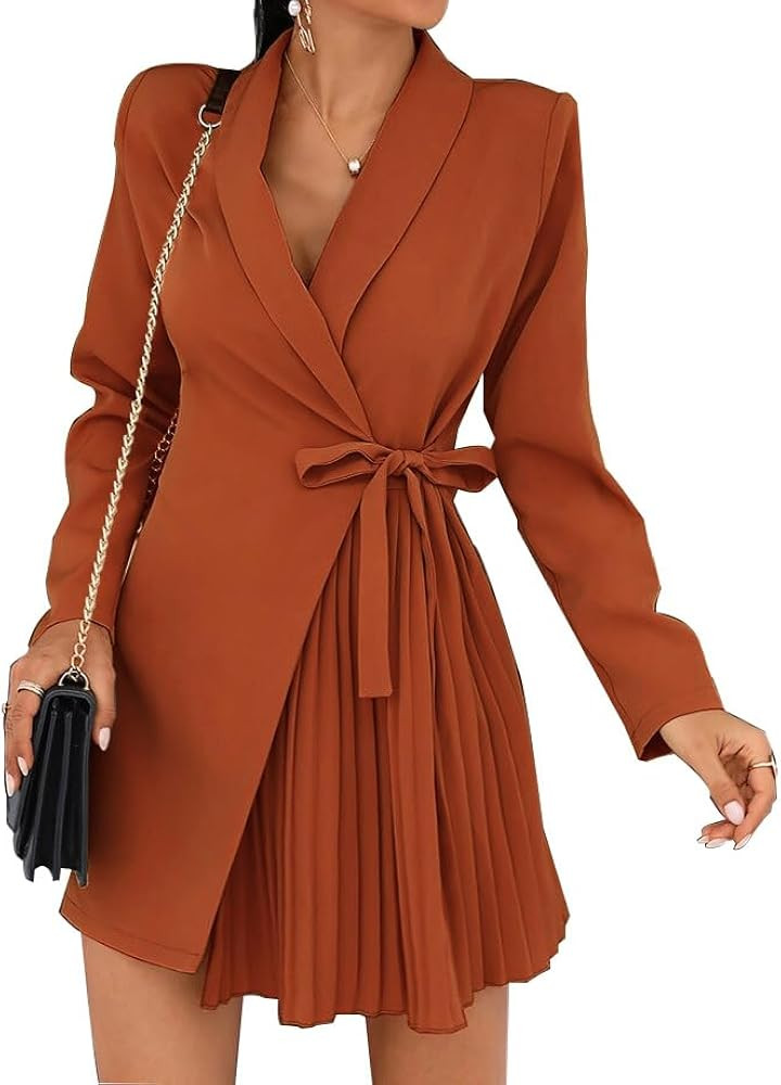 dowerme Women's Casual Long Sleeve Lapel V Neck Mini Wrap Dresses 2023 Belted Ruched Business Wor... | Amazon (US)