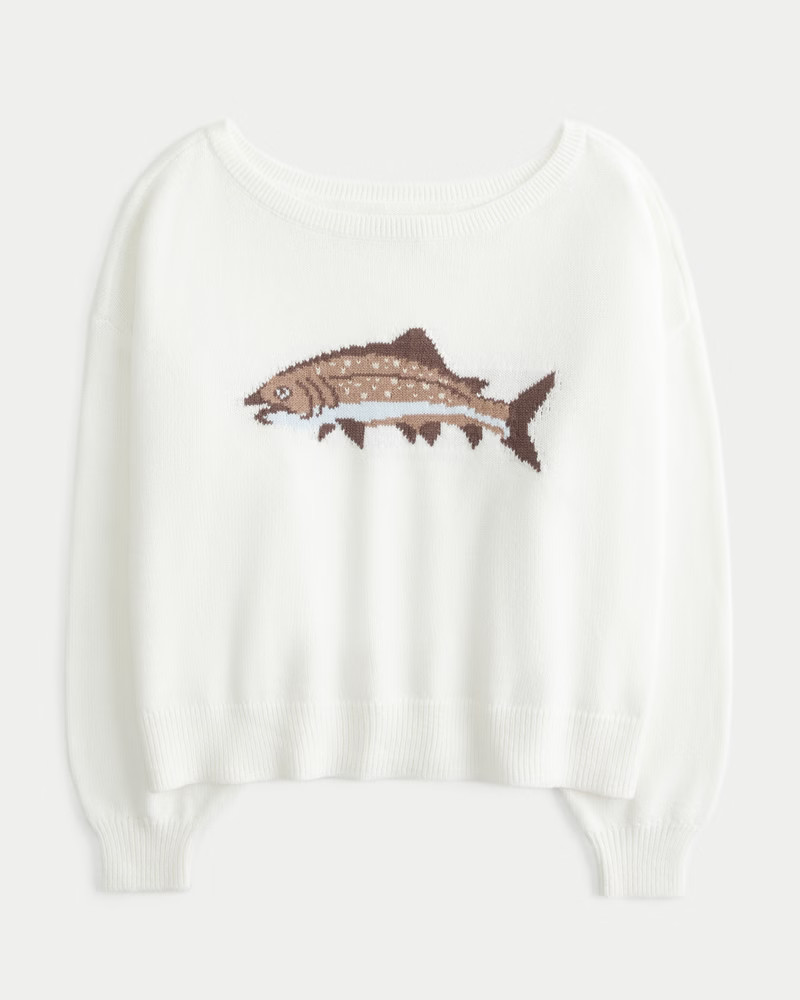 Easy Off-the-Shoulder Fish Graphic Sweater | Hollister (US)