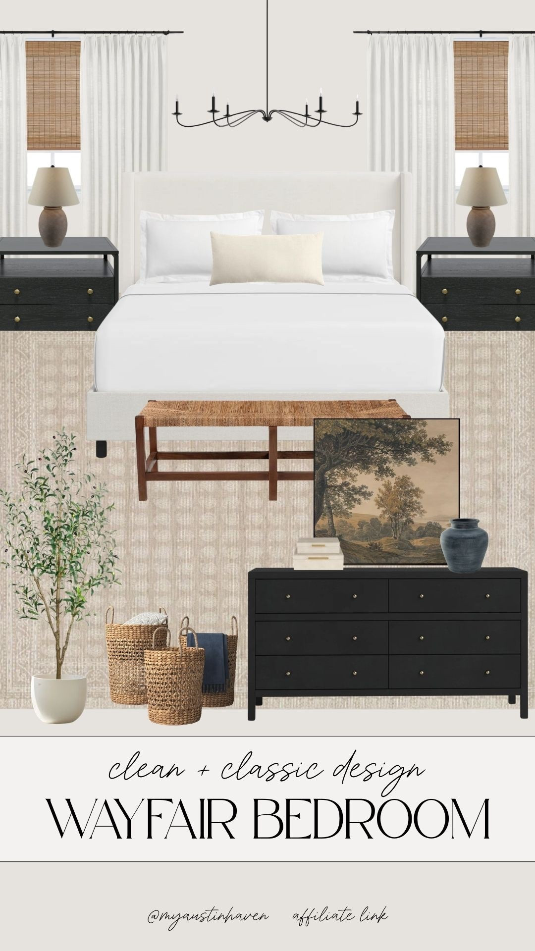 Modern transitional bedroom from Wayfair. 🤍 Warm, layered space. 

Wayfair bedroom, modern transitional bedroom, neutral bedroom decor, black nightstands, upholstered bed frame, woven bench, bamboo shades, linen curtains, classic bedroom design, timeless home decor, landscape wall art, black dresser, layered neutral bedroom, traditional modern style, designer inspired bedroom, affordable bedroom furniture, room inspo, styled bedroom.  

 #LTKSpringSale 

#LTKdayinmylife #LTKSeasonal #LTKHome