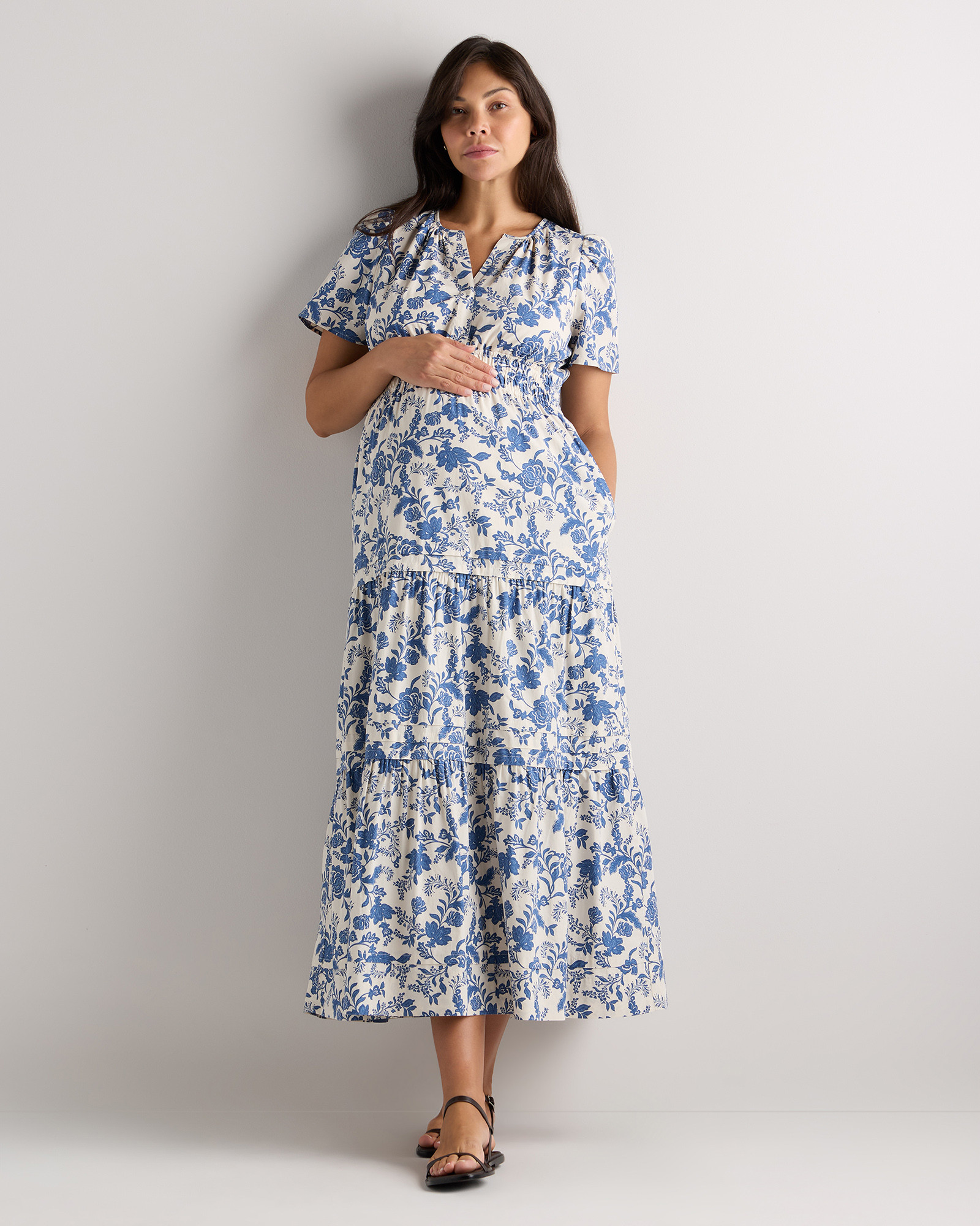 Quince | Women's Poplin Maternity Tiered Maxi Dress in Black, Size XL, Organic Cotton | Quince