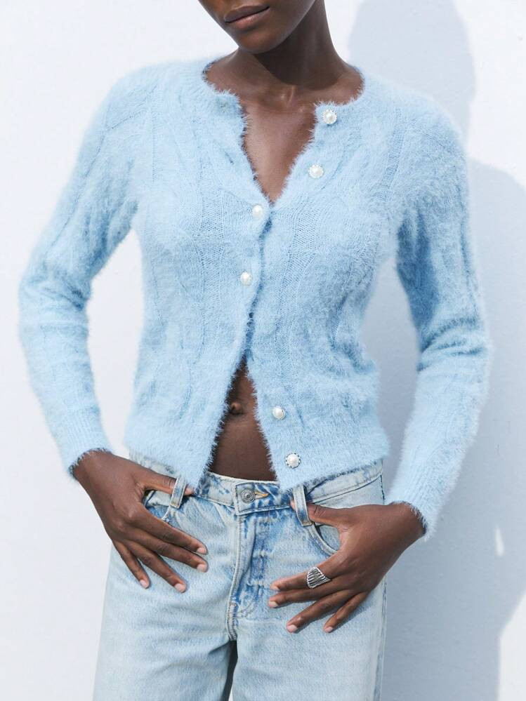 SHEIN Maija Solid Color Faux Mink & Mohair Knit Cardigan, Autumn & Spring | SHEIN