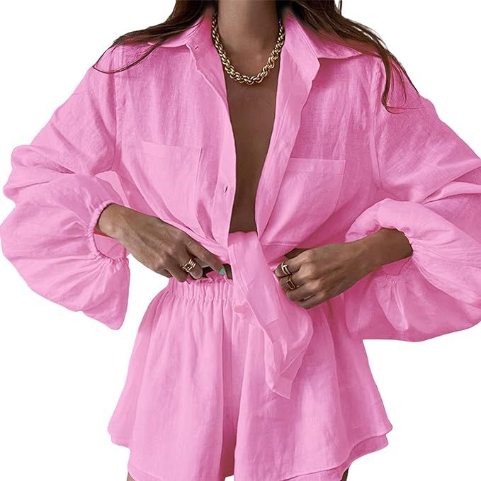 Omkzanbi Women Casual Tracksuit 2 Piece Outfits Linen Button Down Puff Sleeve Shirt Ruffle Boho L... | Amazon (US)