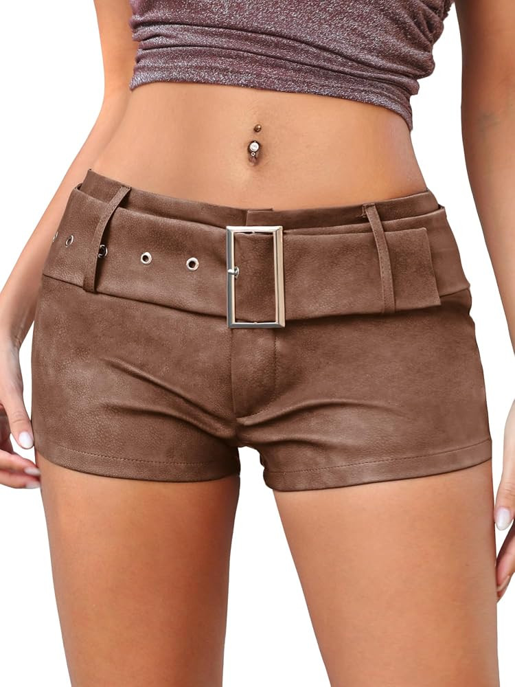 ELLEVEN Low Rise Faux Leather Mini Shorts for Women,Stretchy Micro Booty Shorts with Belt Sexy Co... | Amazon (US)