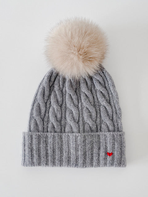 Grey Melange Cable Beanie - A Touch of Red | LǍOLAO STUDIOS