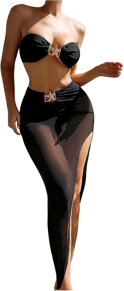 GORGLITTER Women's 3 Piece Strapless Swimsuits Starfish Decor Bandeau Bikini Sets with Long Beach... | Amazon (US)