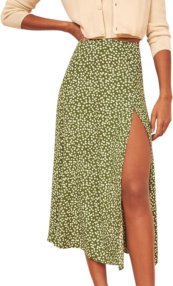Women's Casual Boho Floral Side Split Skirt Elastic High Waist A Line Summer Beach Midi Skirt | Amazon (US)