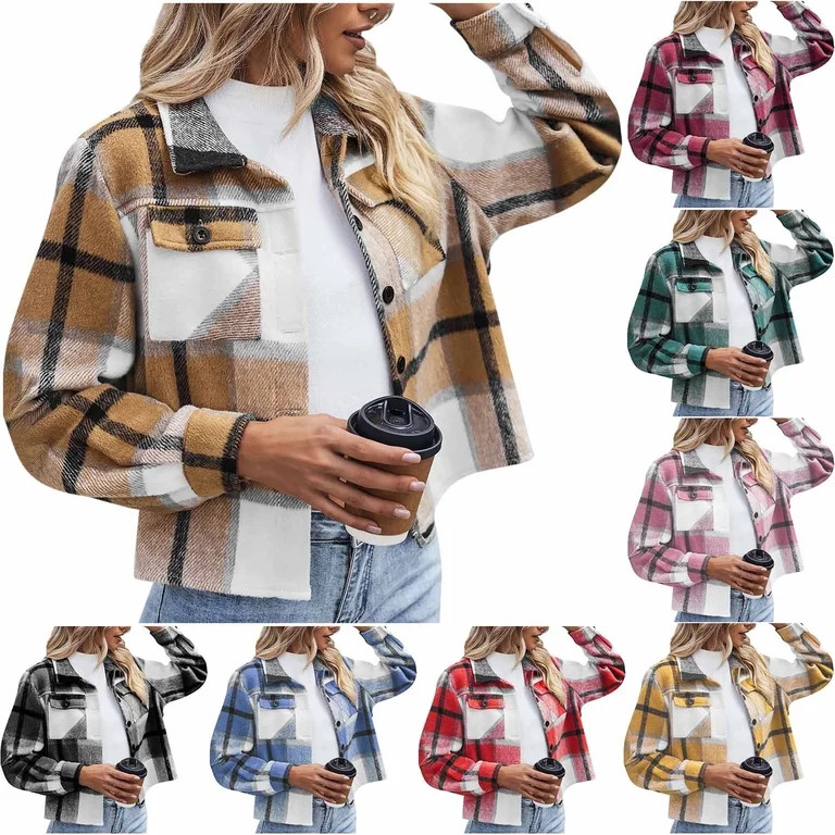 Lmueinov Womens Fall Outfits Fashion Flannels for Women Cropped Shacket Jacket Plaid Button Down ... | Walmart (US)