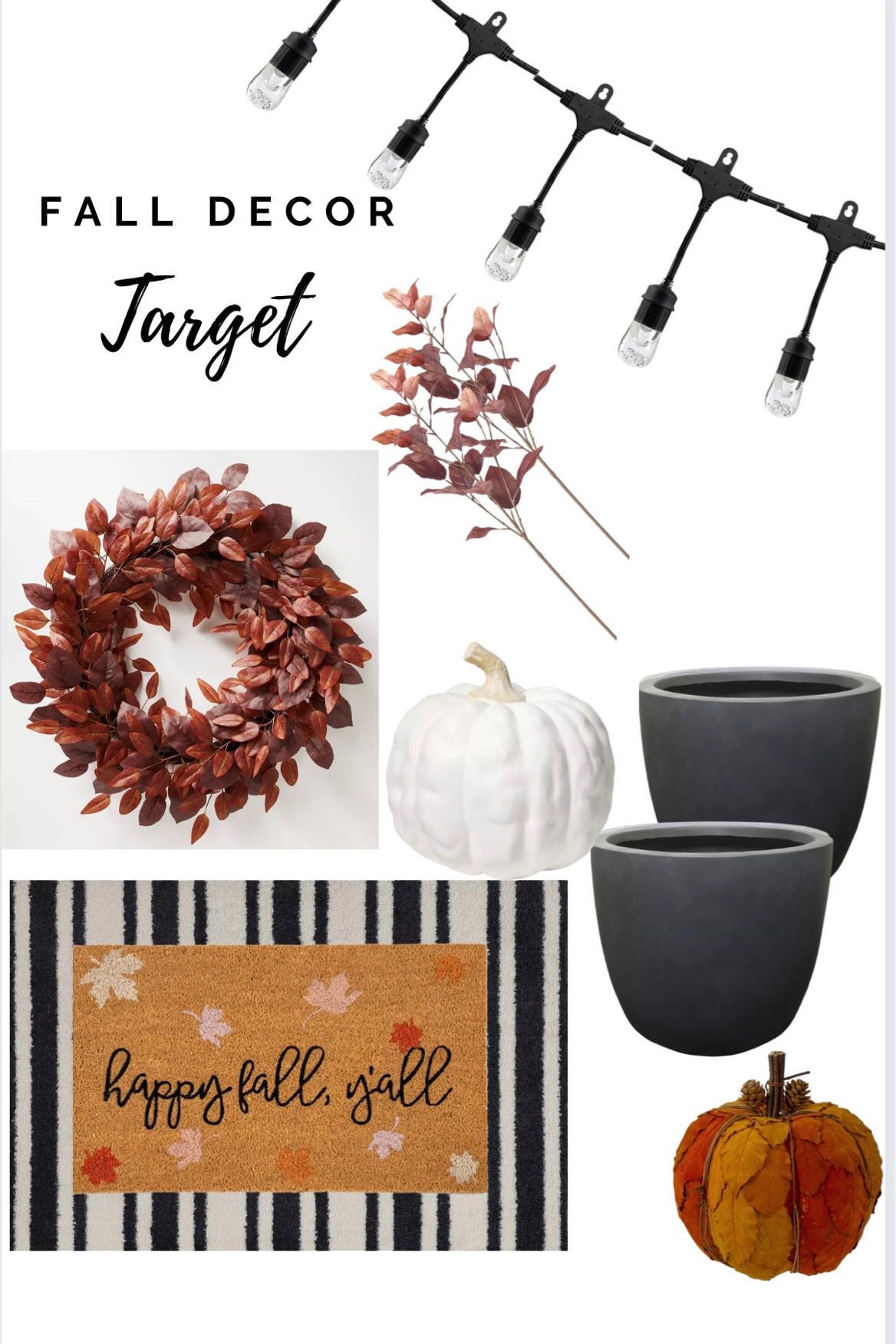 Fall Decor from @Target. Outside fall decor, striped doormat, add some fall flowers to the planters and cafe lights will set the mood, a pretty fall wreath to complete your front or back porch. 

#target #targethome #targetfinds

#LTKFind #LTKhome #LTKSeasonal