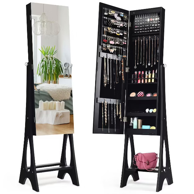 Costway LED Jewelry Cabinet Organizer Bevel Edge Mirrored Standing Black | Target