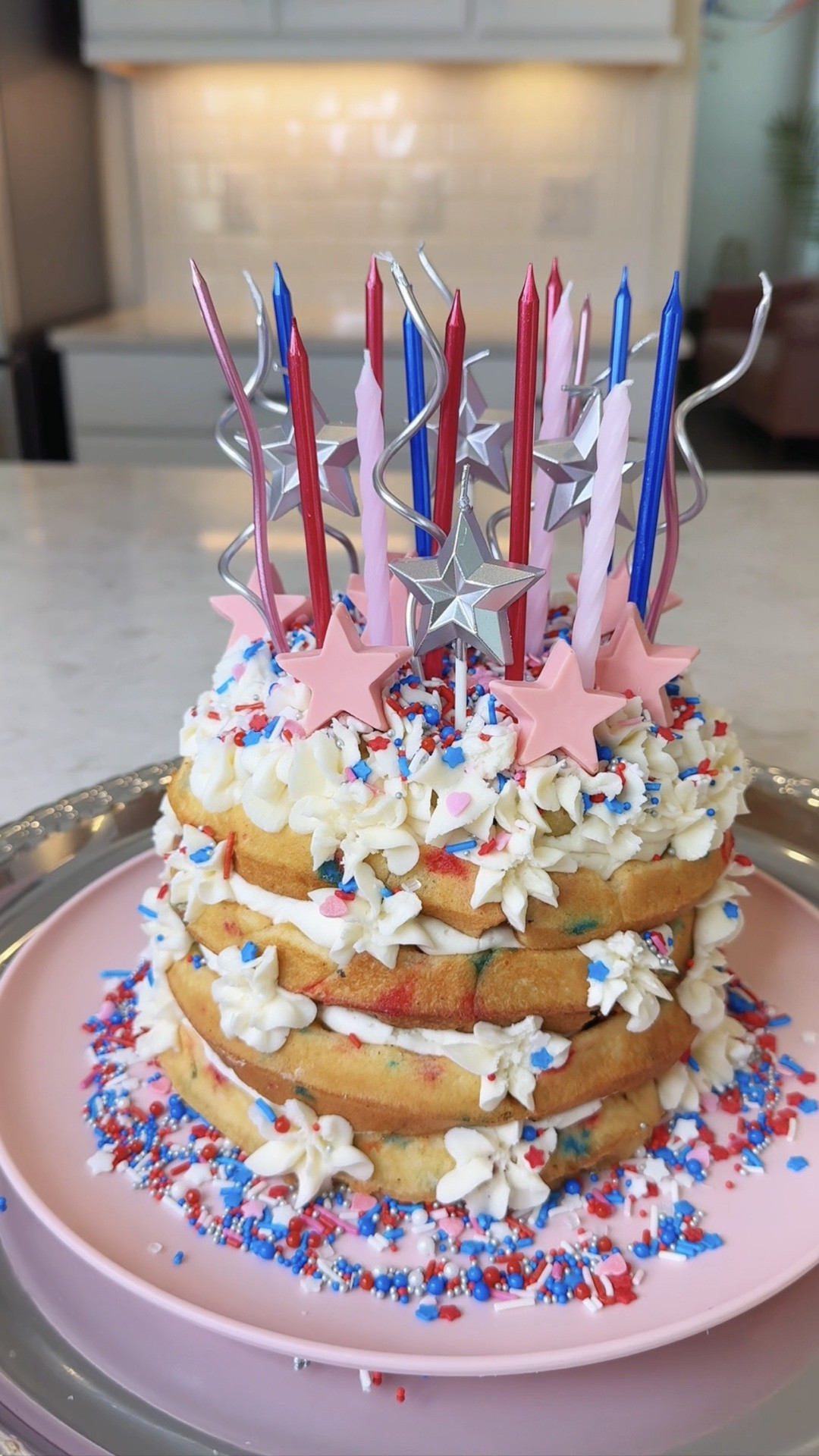 Easy funfetti waffle cake with fun sprinkles, whimsical candles and pink chocolate stars 🎂🧇✨ so quick using this double waffle maker!

#LTKHome #LTKfoodie