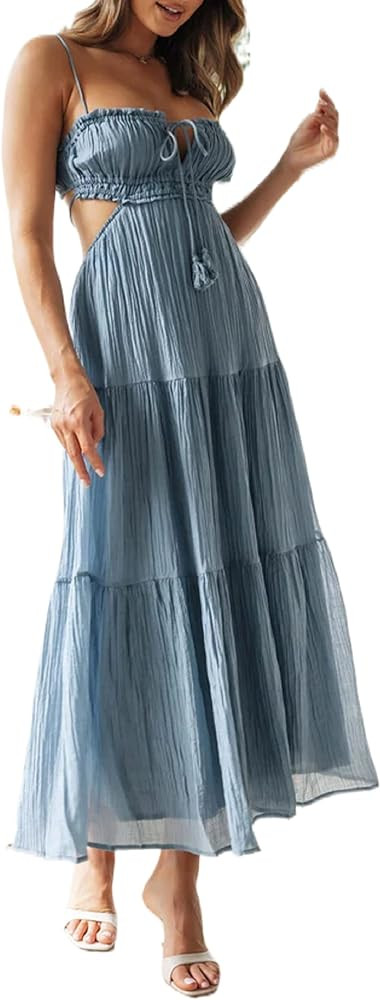 Women Y2k Bodycon Long Dress Spaghetti Strap Low Cut Dress Casual Backless Flowy Maxi Dress Sexy ... | Amazon (US)