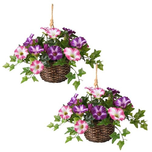 ZFProcess 2 Set Artificial Outdoor Flowers with Hanging Basket, 2 Hanging Planters Faux Silk Morning Glory Flowers for Spring Summer Front Porch Garden Patio Home Decor(Violet) | Amazon (US)