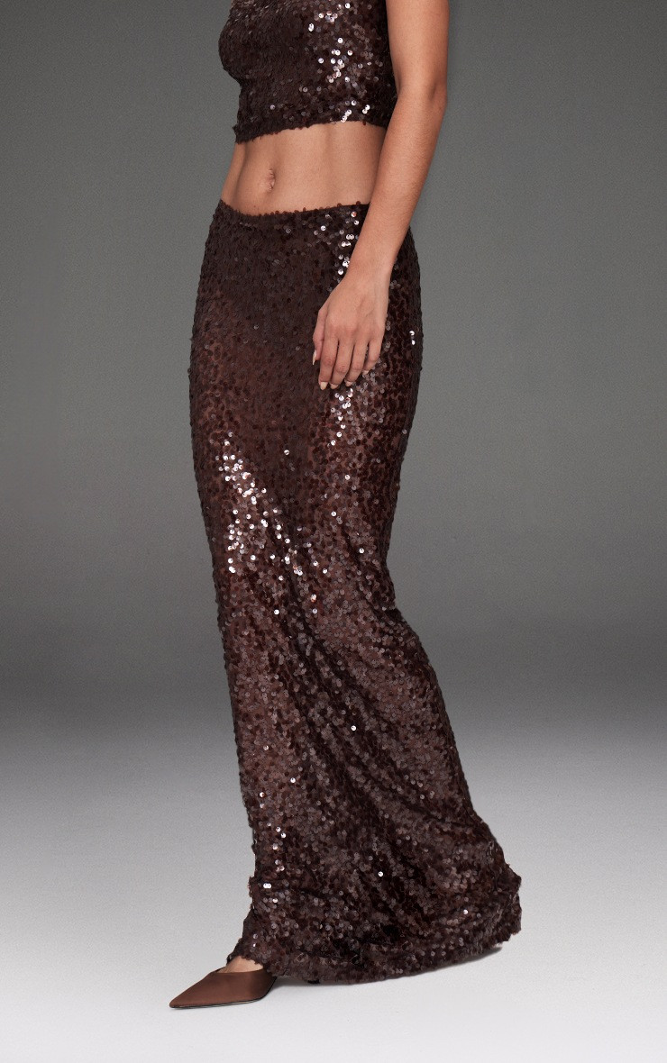 Dark Brown Sequin Mesh Maxi Skirt | PrettyLittleThing UK