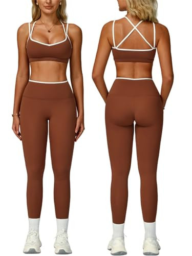 ABOCIW Workout Sets for Women 2 Piece Gym Set Color Block Strappy Sports Bra High Waist Tummy Control Leggings Yoga Pilates Outfits Athletic Work Out Clothes Brown Medium | Amazon (US)