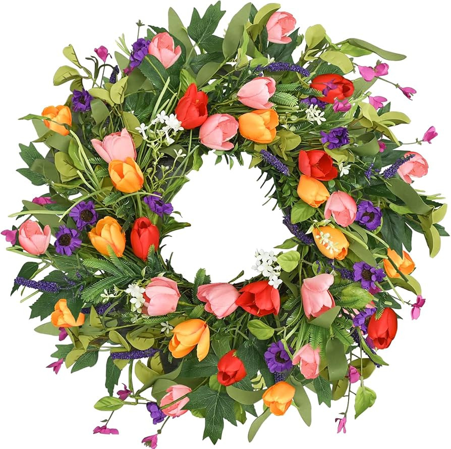 Qingbei Rina Spring Wreaths for Front Door, 22-24 Inch Easter Door Wreath for Decorating with Col... | Amazon (US)