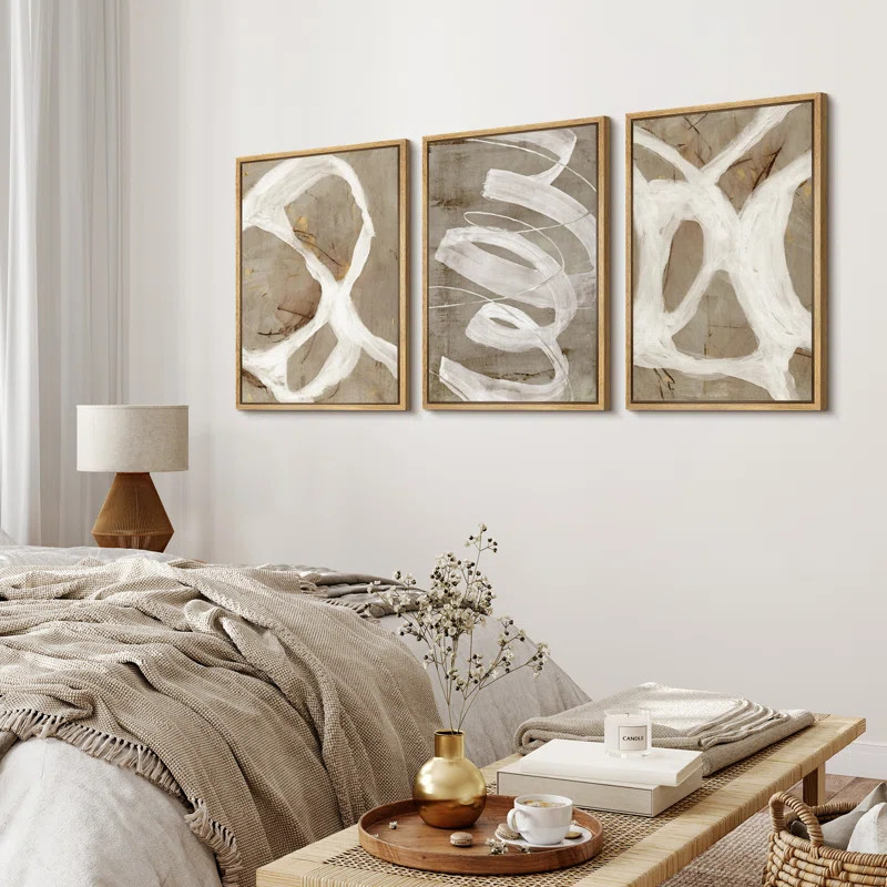Pastel Tan Brown Green Neutral Modern Artwork  Abstract Picture Framed Canvas 3 Piece Print Wall ... | Wayfair North America