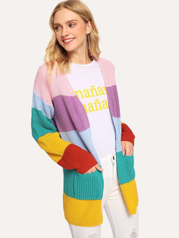 Pocket Front Open Placket Colorblock Cardigan | SHEIN