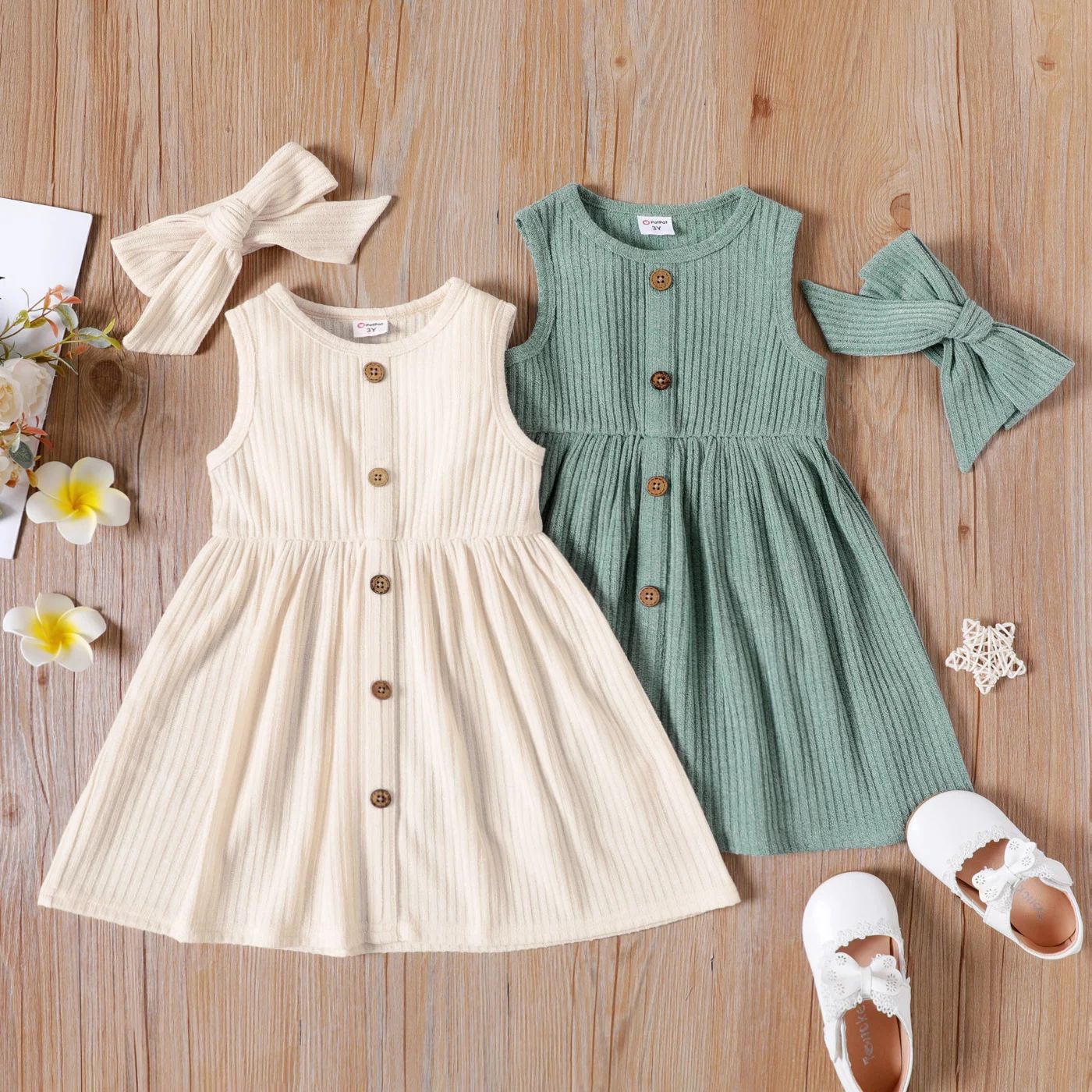 PatPat Toddler Girl Button Ribbed Sleeveless Dress and Headband Set,Sizes 18M-6Y,2-Piece - Walmar... | Walmart (US)
