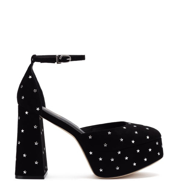 Ari Pump In Black Suede and Silver Stars | Larroude