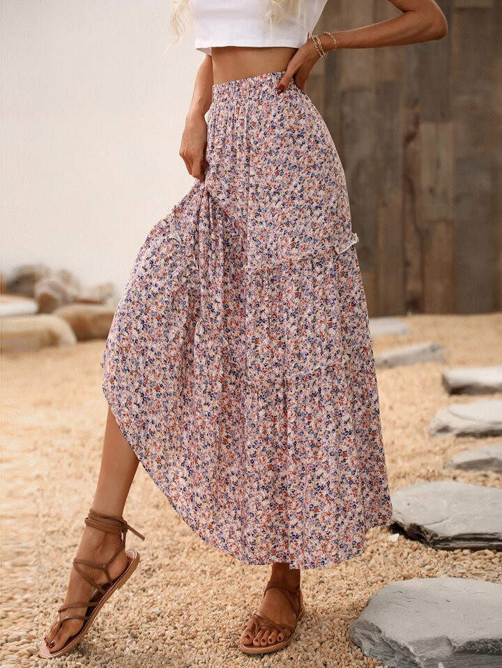 SHEIN VCAY Ditsy Floral Ruffle Hem Skirt | SHEIN