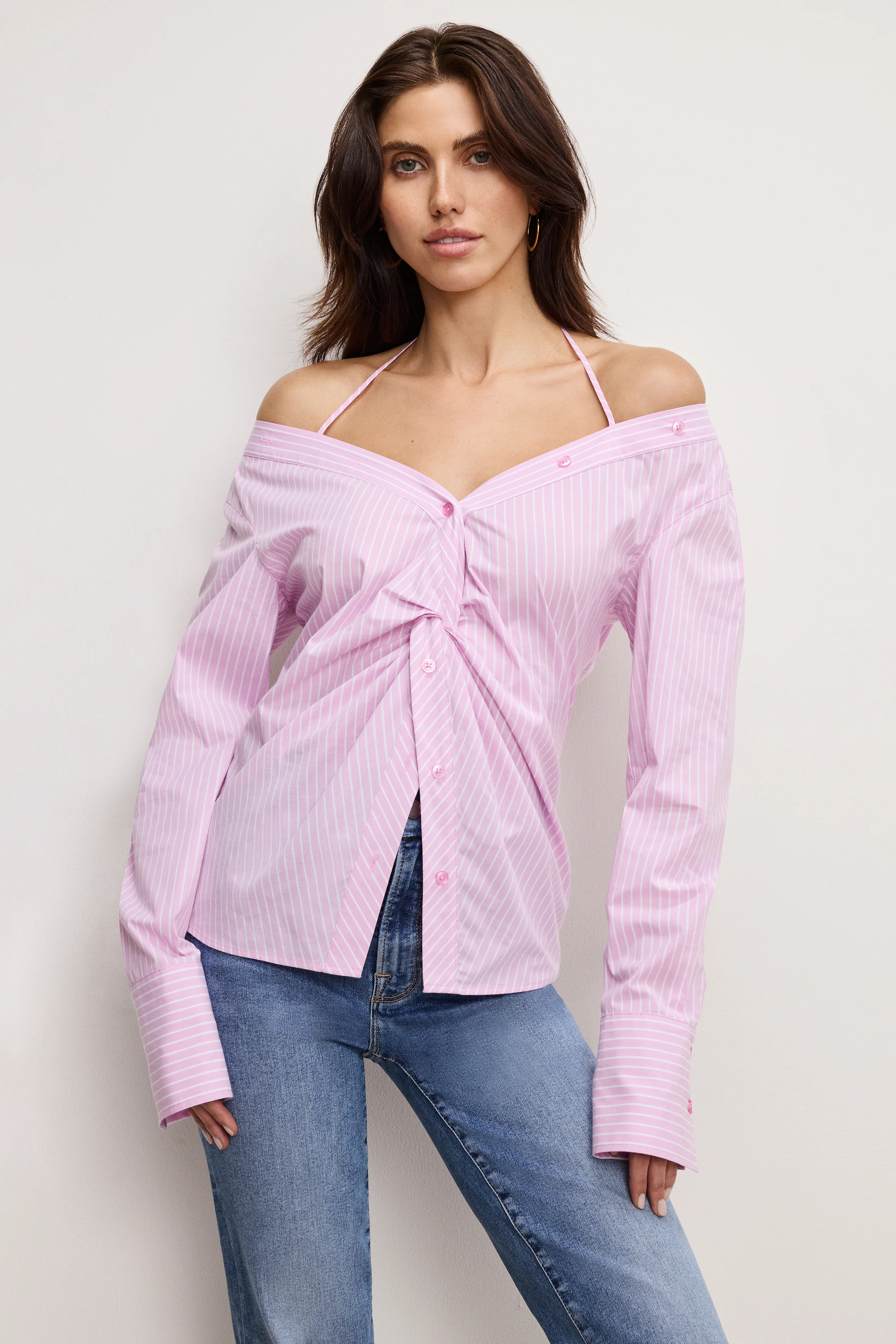 POPLIN OFF SHOULDER TOP | PINK FLORA STRIPE001 - GOOD AMERICAN | Good American