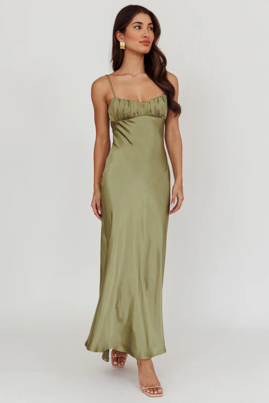 Paula Maxi Dress - Olive Green Satin Slip Dress | Lady Black Tie